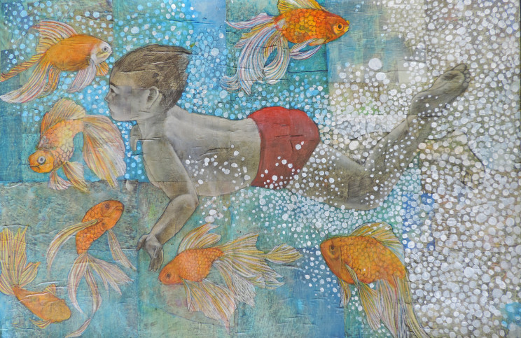 painting of a boy swimming with goldfish