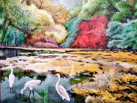 Pond Cranes, 44"x48"x2"