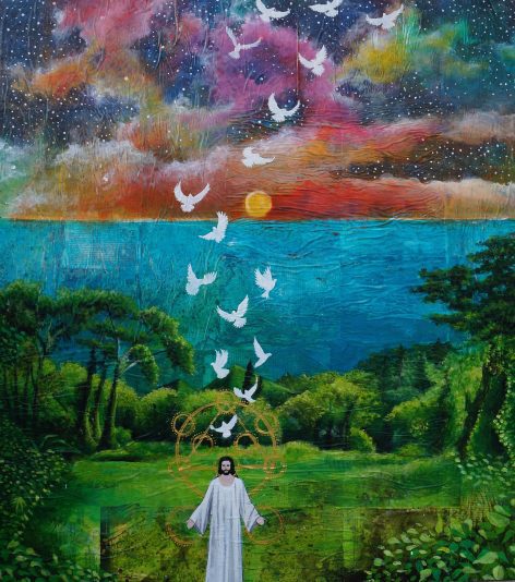 The Creation, acrylic on collage, 44"x56"x2"