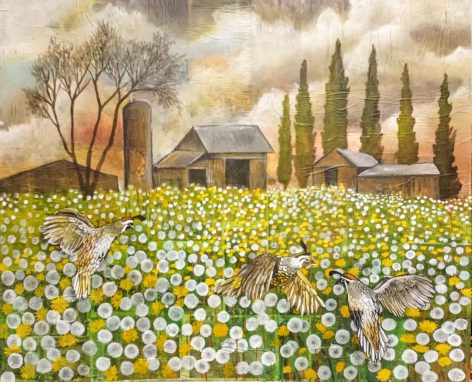 Dandelion Field, acrylic on collage, 44"x48"x2"