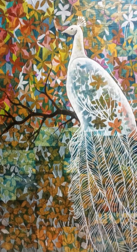 Peacock Floral, acrylic on collage, 42"x60"x2"