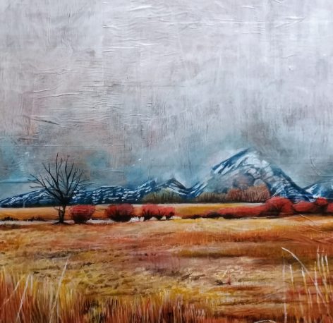 Timp and Yellow Field, acrylic on collage, 24"x24"