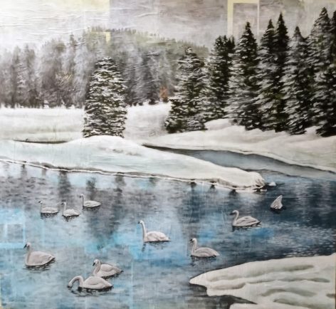 Swan River, acrylic on collage, 44"x48"x2"