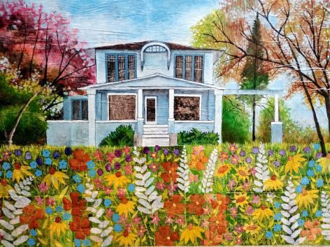 Blue House, 32"x44", acrylic on collage