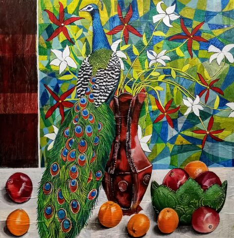 Peacock and Pomegranates, acrylic on collage, 44"x56"