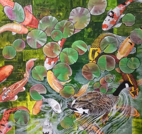 Goose and Koi Pond, acrylic on collage, 44"x48"x2"