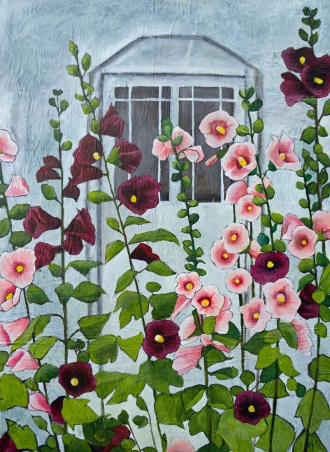 Hollyhocks, acrylic on collage,36"x48"