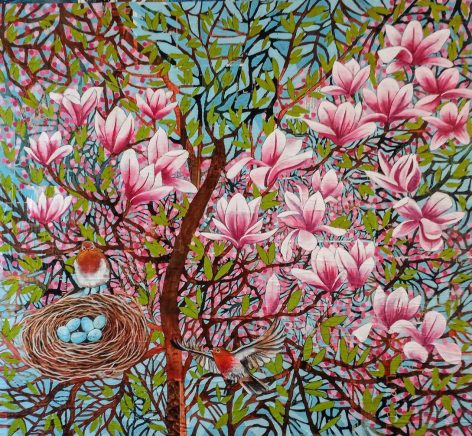 Magnolia With Robins, acrylic on collage, 44"x48"