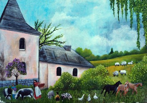 French Farmhouse, 34"x48", acrylic on collage