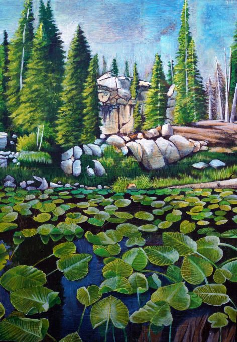 Lily Pond, acrylic on collage, 34"x48"
