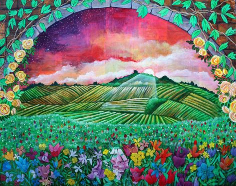 Vineyard and Wildflowers, acrylic on collage, 47"x58"