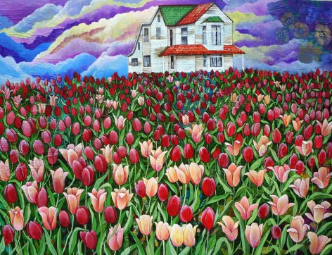 Tulips at Twilight, 36"x48", acrylic on collage