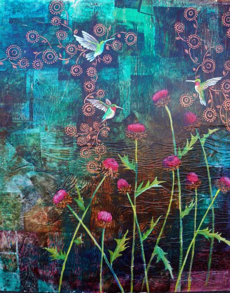 Hummingbirds with Thistles, acrylic on collage, 36"x48"
