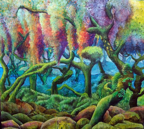 Mystical Forest, 40"x44", acrylic on collage